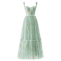 Women's Flower Embroidery Tulle Prom Dresses Tea Length Corset Spaghetti Strap Fairy Formal Evening Party Gowns