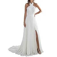Women's A Line Chiffon Halter Beach Wedding Dress Slit Low Back Long Bridal Gown for Bride