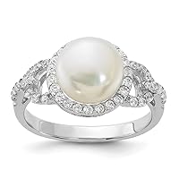 925 Sterling Silver Rhodium Plated 9 10mm White Fwc Pearl and CZ Cubic Zirconia Simulated Diamond Ring Jewelry for Women - Ring Size Options: 6 7 8