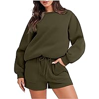 Women's Oversized 2 Piece Outfit Sweatshirt Shorts Set Trendy Fall Lounge Sets Long Sleeve Loose Cozy Sweatsuit