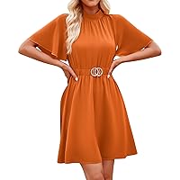 Women's Long Sleeve Mini Dress Fashionable Casual V-Neck Short Sleeved A Line Skirt Solid Color Layered Dress, S-XL