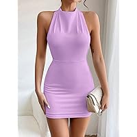 2023 Women's Dresses Solid Backless Halter Neck Bodycon Dress Women's Dresses (Color : Purple, Size : XX-Small)
