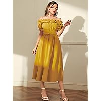 Women's Dress Dresses for Women Off Shoulder Frill Trim Grommet Lace Up Dress (Color : Yellow, Size : Small)