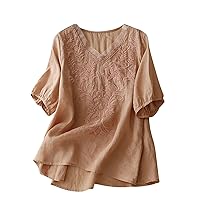 Women's Short Sleeve V-Neck Embroidery Shirts Loose Casual Cotton Linen T-Shirt Summer Fashion Vintage Blouse Tops