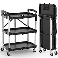Foldable Service Carts with Wheels, 3 Tier Portable Folding Utility Rolling Tool Cart, Collapsible Storage Cart, Holds 220lbs Plastic Push Cart for Home, Commercial, Garage, Office - No Assembly