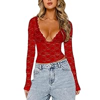 Women Sexy Lace Long Sleeve Shirt Top Floral Embroidery See Through Slim Fit Crop Top Y2K Sheer Mesh Going Out Tops