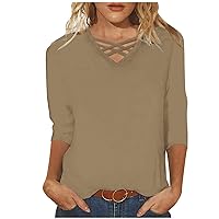 Women's 3/4 Sleeve Shirts Criss Cross V Neck Loose Fitting Tops Casual Solid Tshirts Basic Tunic Summer Ladies Tops