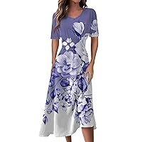 Summer Dresses for Women 2024 Floral Dress V Neck Short Sleeve Dress Casual A line Dress Elegant Maxi Dress