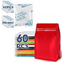 60pcs 8oz 1/2 lb Red Coffee Bags with Valve+60 Packs 3 Grams Silica Gel Packs Desiccant Packets for Storage, Transparent Desiccant