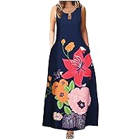 Summer Sunflower Dresses for Women Sexy Casual Hollow Out Crew Neck Long Maxi Dresses Loose Sleeveless Tank Dresses