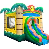 Inflatable Bounce House with Slide for Kids 12 x 12 x 18 Foot - Backyard Non Printed Tropical Jungle Castle Smiley Face Combo Bouncer, Outdoor Toys, Jumpers for Kids - Includes: Blower, Stakes Storage