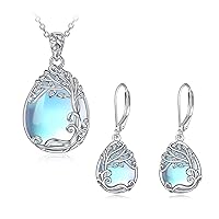 YAFEINI 925 Sterling Silver Moonstone Tree of Life Teardrop Necklace Earrings Set Jewelry for Women Girls