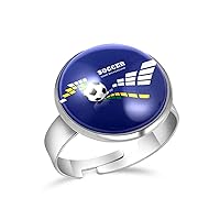Soccer Ball Sport Blue Adjustable Rings for Women Girls, Stainless Steel Open Finger Rings Jewelry Gifts