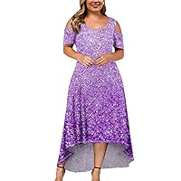 Plus Size Dresses for Curvy Women, Wrap Dresses for Women 2024 Chiffon Dresses for Women Womens Daily Round Neck Dress Short Sleeve Dressy Irregular Hem Casual Printed Ladies (Light Purple,3X-Large)