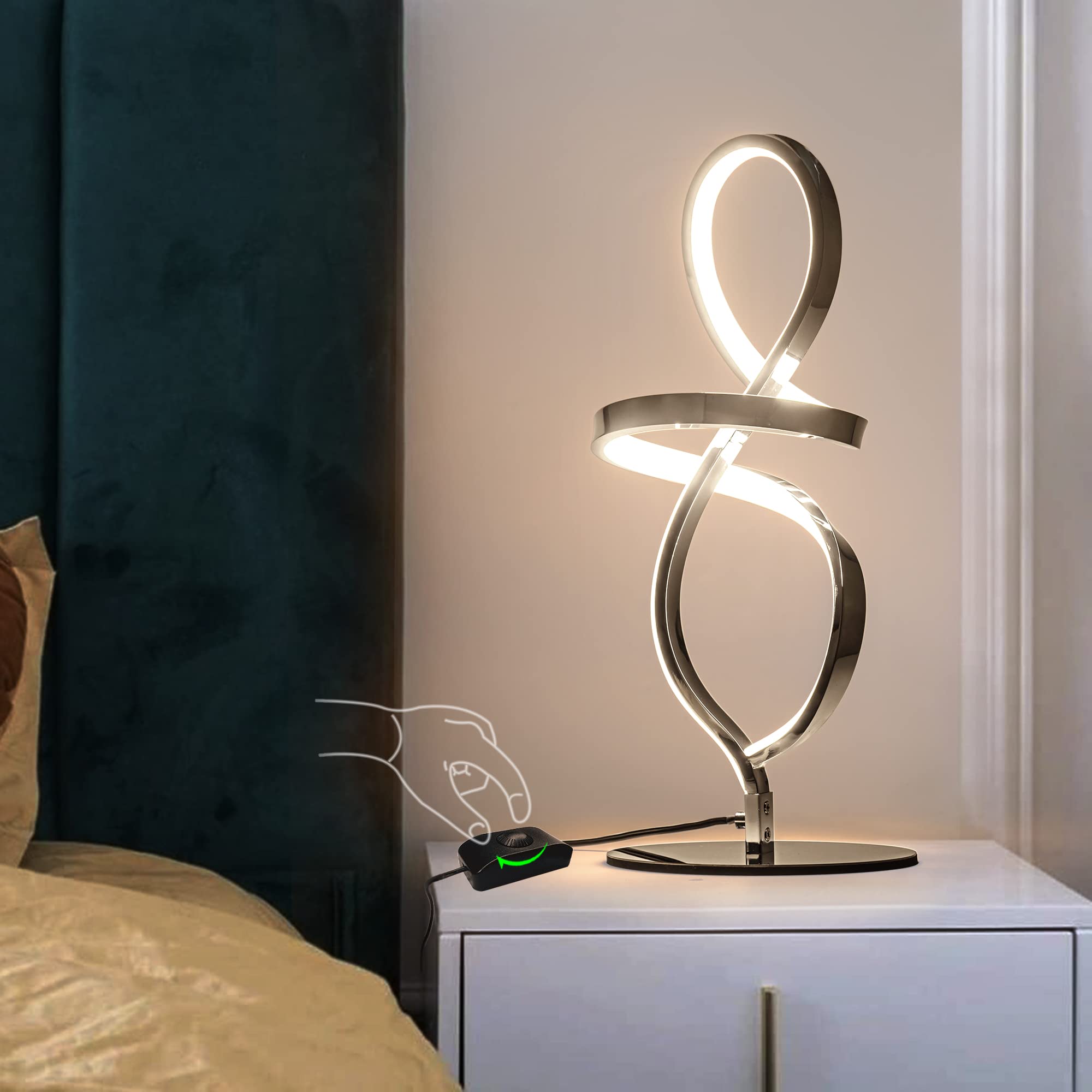 Mayful Modern Table Lamp, LED Spiral Lamp, Stepless Dimmable Bedside Lamp, Contemporary Nightstand Lamp, Chrome Desk Lamp for Bedroom Living Room Home Office, 12W, 3200K Warm White
