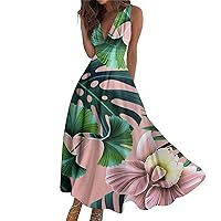 Sleeveless Sundress for Women 2024 Summer Casual Beach Sun Dresses Elastic Waist A-line Party Pleated Long Dress 2024