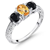 Gem Stone King 2.23 Ct Oval Checkerboard Yellow Citrine Black Sapphire 925 Sterling Silver Ring