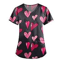 Women's Printed Scrub Tops Plus Size Cartoon Pattern Crewneck Short Sleeve T-Shirt Basic Fleece Pullover Women