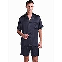 LilySilk 100% 2PC Silk Pajama Set for Men 22 MM Short Sleeves Button Contrast Trim V Neck Causal Lounge for Summer