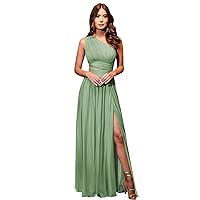 Pleated Chiffon Sage Green Bridesmaid Dresses One Shoulder Sleeveless Long Slit Formal Dress with Pockets Size 2
