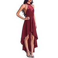 Women's Hollow-Out Sheer Mesh Decolletage Hi-Low Party Midi Dress (Burgundy, (US 4-6) S)