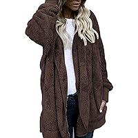 Oversized Outwear with Pockets Women Hooded Cardigan Fuzzy Long Sleeve Jacket Winter Open Front Fleece Solid Coats