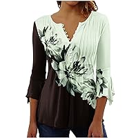 Womens Tie-Dye Tops V Neck Soft T-Shirts Flowy Pleats Tunic Button up Casual Blouses Summer Short Sleeve