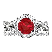 Clara Pucci 2.40ct Round Cut Halo Solitaire Genuine Simulated Ruby Engagement Anniversary Wedding Ring Band set 18K White Gold