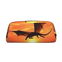 Sea Sunset Flying Dragon Pencil Case Leather Pen Bag Travel Makeup Bag Zipper Organizer Bag for Women Men