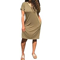 Women's Summer Casual Cuffed Short Sleeve V Neck T Shirt Swing Midi Dress with Pockets Beach Floral Print Loose Solid Color Stretchy Comfy Sundress(Khaki L)