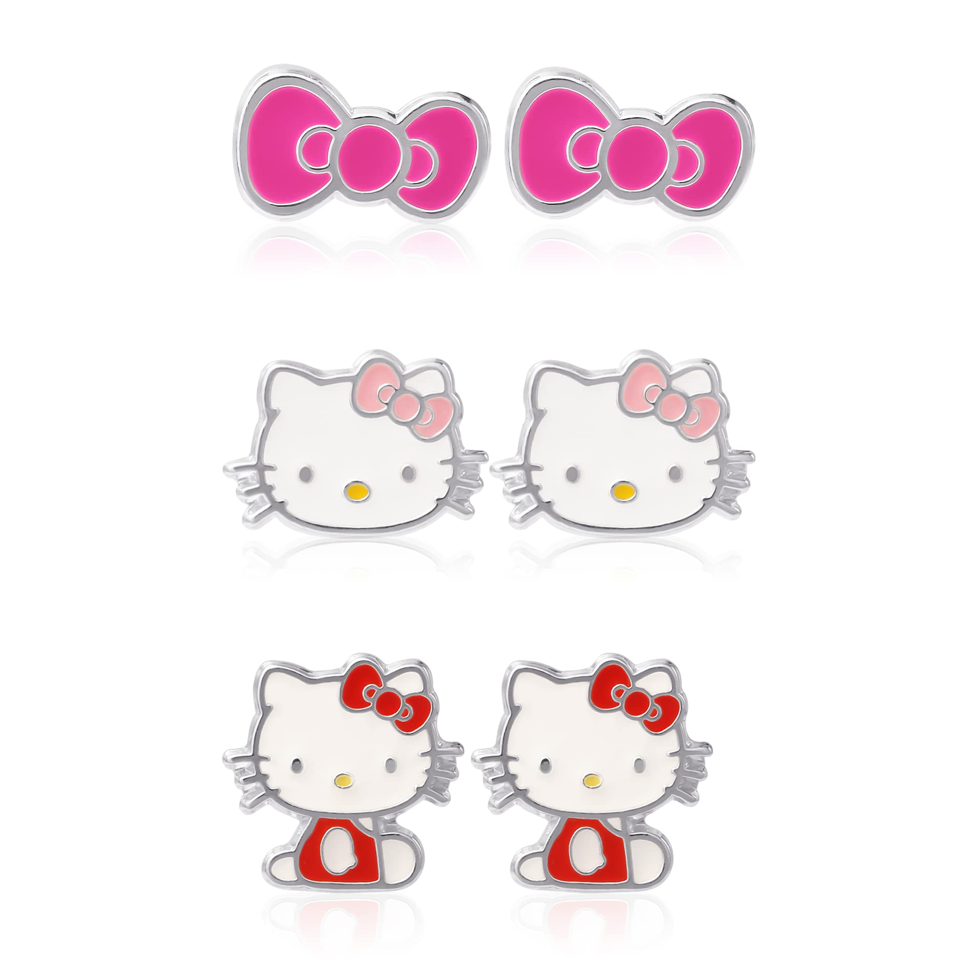 Sanrio Hello Kitty Stud Earrings Set 3-Piece - Silver Plated and Enamel Hello Kitty Earrings Officially Licensed