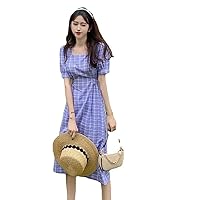 Lolita Gothic Dress Plaid Short-Sleeved Dress Women's French Square-Neck Retro Skirt Puff Sleeves Mid-Length A-line Skirt Slim Fit (Color : Blue, Size : Large)