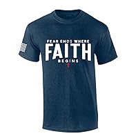 Mens Christian Shirt Fear Ends Where Faith Begins Scripture American Flag Sleeve T-Shirt Graphic Tee