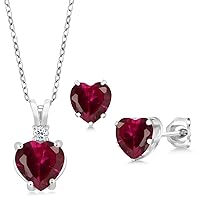 Gem Stone King 925 Sterling Silver Red Created Ruby and White Topaz Pendant and Earrings Jewelry Set For Women (3.70 Cttw, Heart Shape 8MM and 6MM, with 18 Inch Chain)