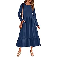 Womens 2023 Fall Casual Long Sleeve Maxi Dress Crewneck Tiered Pleated A Line Flowy Long Dresses