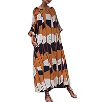 Loose Plus Casual Splice Linen Maxi Print Size Kaftan Women Dress Long Fashion Women's Dress Midi Dress with