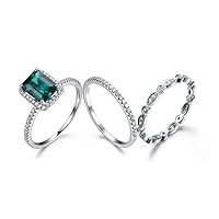 14k White Gold 6x8mm Emerald Cut Green Emerald Halo Diamond Eternity Wedding Band Engagement Ring Set