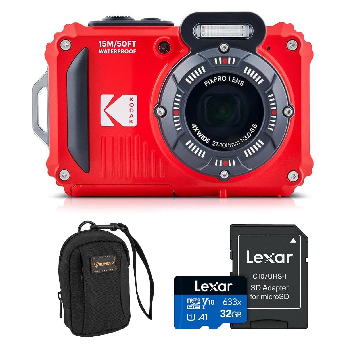 KODAK PIXPRO WPZ2 16MP Full HD Waterproof Rugged Digital Camera, Red, Bundle with 32GB Memory Card and Camera Bag