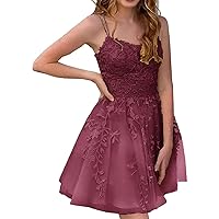 FANGHEIA Women's Spaghetti Straps Homecoming Dresses Short Tulle Lace Applique Prom Party Gown for Juniors