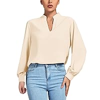 Long Sleeve Dressy Tops for Women Notch V Neck Blouses Solid Loose Plain Tunic Ladies Work Business T Shirt Top