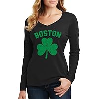 Threadrock Women's Green Boston Shamrock Long Sleeve V-Neck T-Shirt