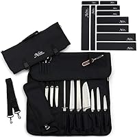 Chef’s Knife Roll (14 slots) and 10 Piece Knife Guards Bundle. Knife Bag Holds 10 Knives PLUS Meat Cleaver and Zippered Pouch. Knives Sheaths are Durable, Non-BPA, and Felt-Lined. Knives Not Included