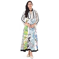 Indian 100% Cotton Women Fashion Long Dress Floral Print White Color Plus Size