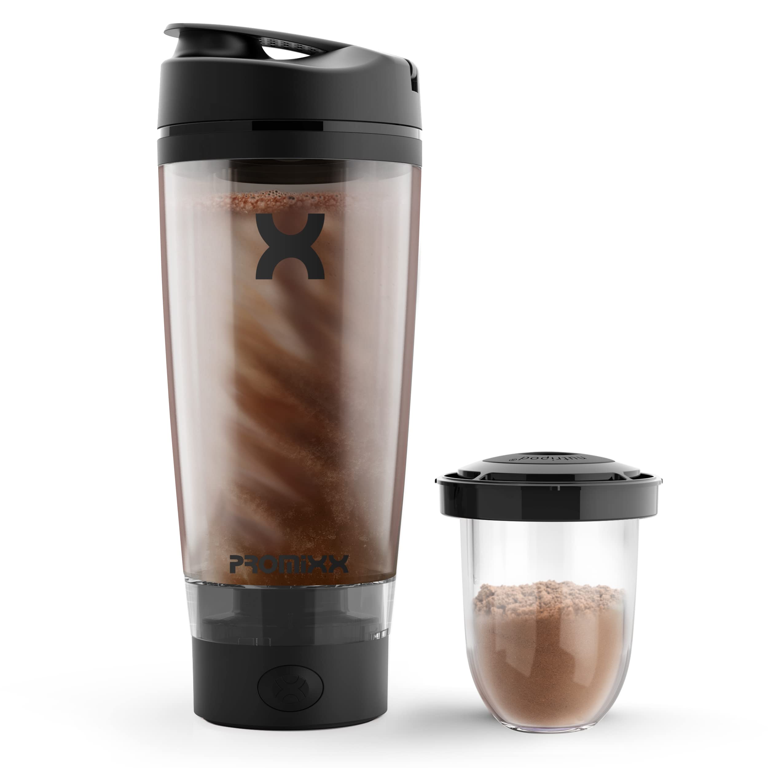 Promixx Charge Shaker Bottle - Device-charging Vortex Mixer with Supplement Storage, Easy-to-clean Tritan Cup (20oz | Black)