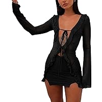 Women's Hollow Out Long Sleeve Bodycon Dress Sheer Mesh Patchwork Mini Dress Cut Out Tie Front Bandage Party Dress