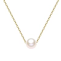14K Solid Gold Pearl Necklace for Women, Real Freshwater Cultured Pearl Pendant Necklace 7.5mm Dainty Single Sliding Pearl Design Adjustable Necklaces Fine Jewelry Gift for Her, Mom, Wife 16