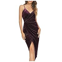 Dresses for Women 2024 Sleeveless Strap Wrap V Neck Ruched Slit Party Cocktail Midi Glitter Dress