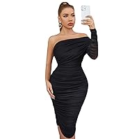 Exclusive Chic Women Evening Gown Dress Black Mesh Off Shoulder Sexy One Shoulder Long Sleeve Party Bodycon Dress
