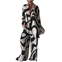 2 Piece Outfits for Women Trendy Print Tracksuit Button Down Shirts and Wide Leg Pants Sets Relaxed Fit Lounge Set