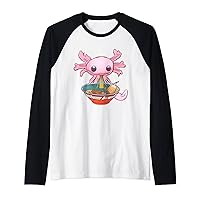 Kawaii Axolotl Eating Ramen Noodles Anime Gift Girls Teens Raglan Baseball Tee